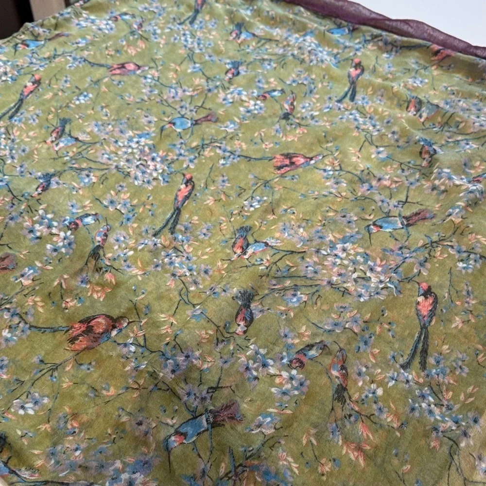 Hummingbird Japanese Floral Green and Burgundy Bordered Women's Scarf